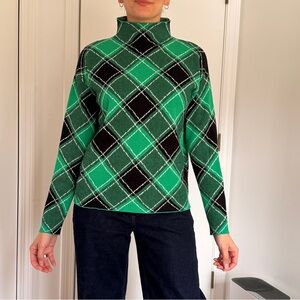 Tahari Green and Black Argyle Turtleneck Sweater
